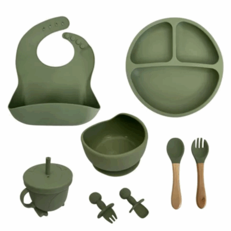 Jogo de Introdução Alimentar para Bebê com Utensílios em Silicone Premium 8 Peças - Verde Escuro