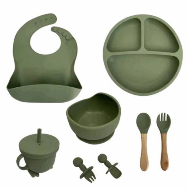 Jogo de Introdução Alimentar para Bebê com Utensílios em Silicone Premium 8 Peças - Verde Escuro