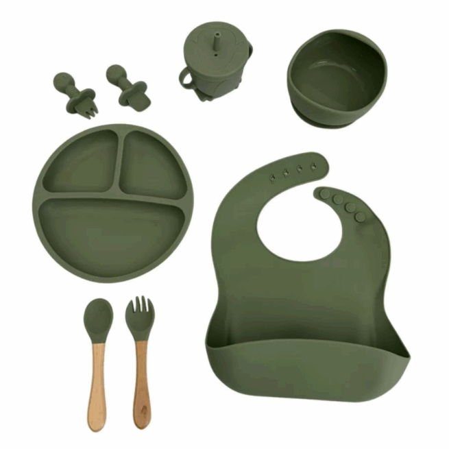 Jogo de Introdução Alimentar para Bebê com Utensílios em Silicone Premium 8 Peças - Verde Escuro