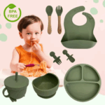 Jogo de Introdução Alimentar para Bebê com Utensílios em Silicone Premium 8 Peças - Verde Escuro