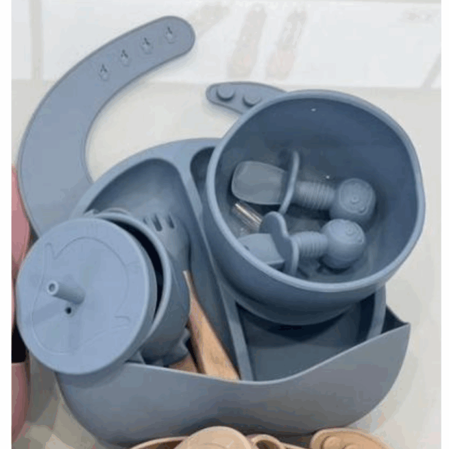 Jogo de Introdução Alimentar para Bebê em Silicone Premium 8 Peças – Azul Escuro ou Claro – BBL-54 – Alimentação Saudável