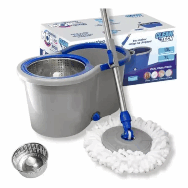 Mop Giratório 360° com Balde Inox Clean Tech - 13 Litros
