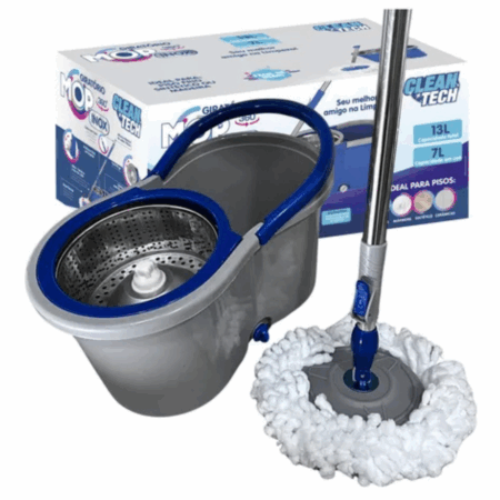 Mop Giratório 360° com Balde Inox Clean Tech - 13 Litros