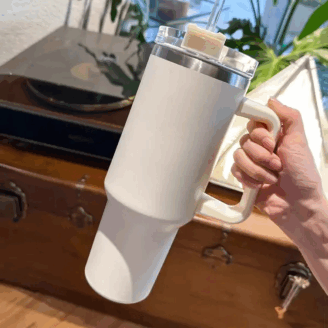 Personalizado - Copo Caneca Térmica Inox 1200 ml com Alça e Canudo – Branco – Praticidade e Design