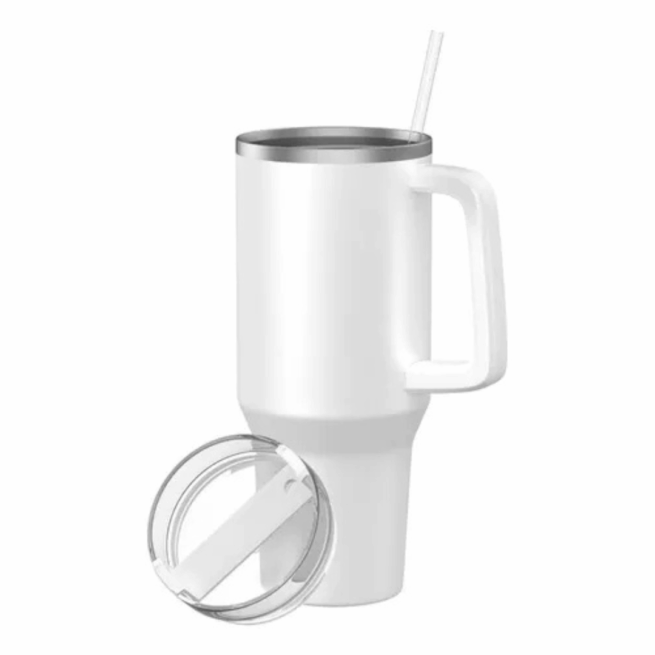 Copo Caneca Térmica Inox com Alça e Canudo 1200ml - Branco (Normal)