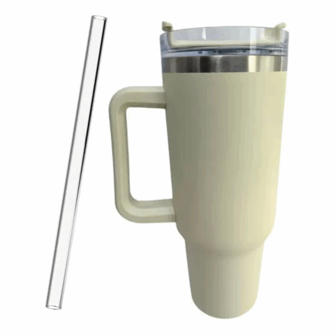 Copo Caneca Térmica Inox com Alça e Canudo 1200ml - Bege (Normal)