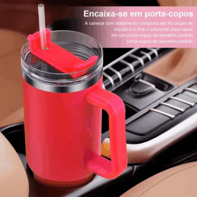 Copo Caneca Inox 1200 ml com Alça e Canudo - Vermelho (Normal)