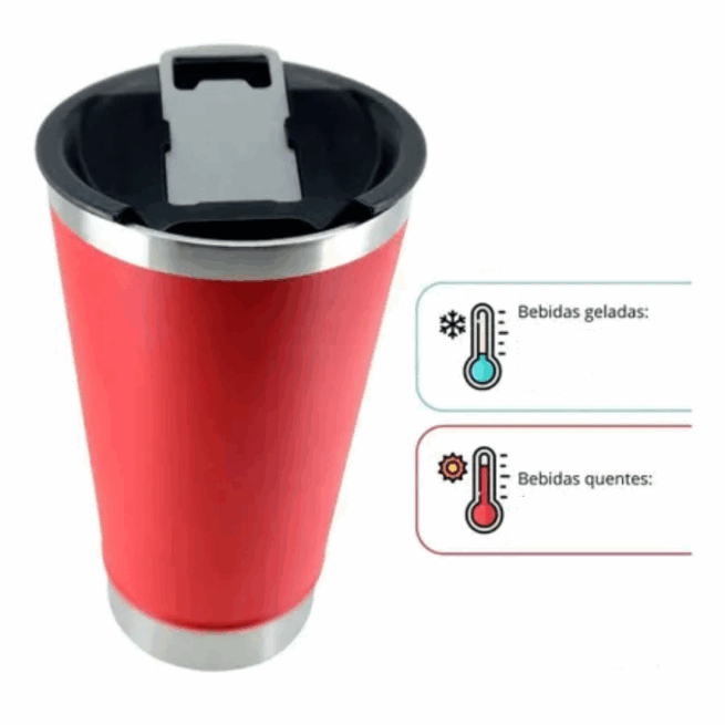Copo Térmico Inox Personalizado 473 ml com Tampa e Abridor – Vermelho Vibrante