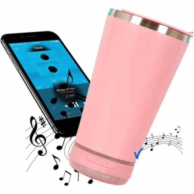 Copo Térmico Bluetooth Personalizado com Som LED, Tampa e Abridor 420 ml – Rosa – Modernidade e Funcionalidade
