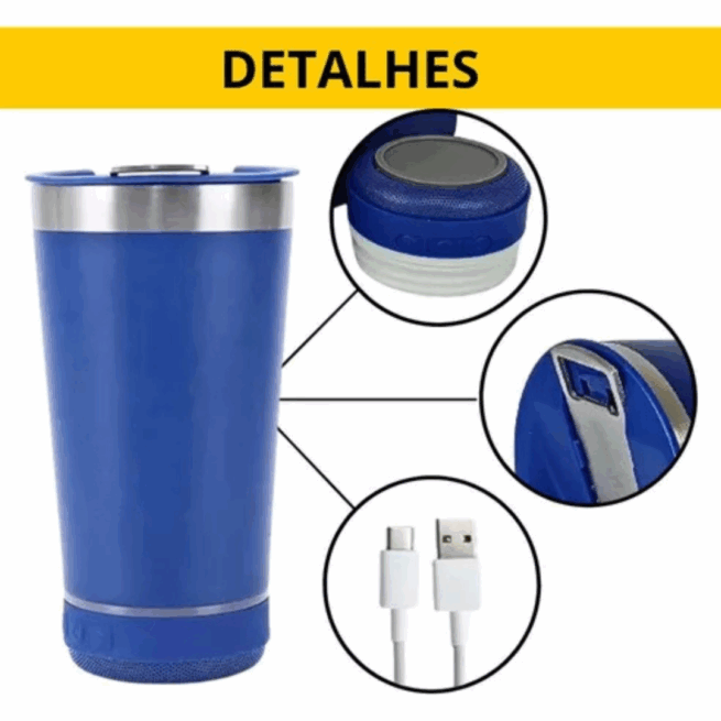 Copo Térmico Bluetooth Personalizado com Som LED, Tampa e Abridor 420 ml – Azul Marinho – Alta Tecnologia