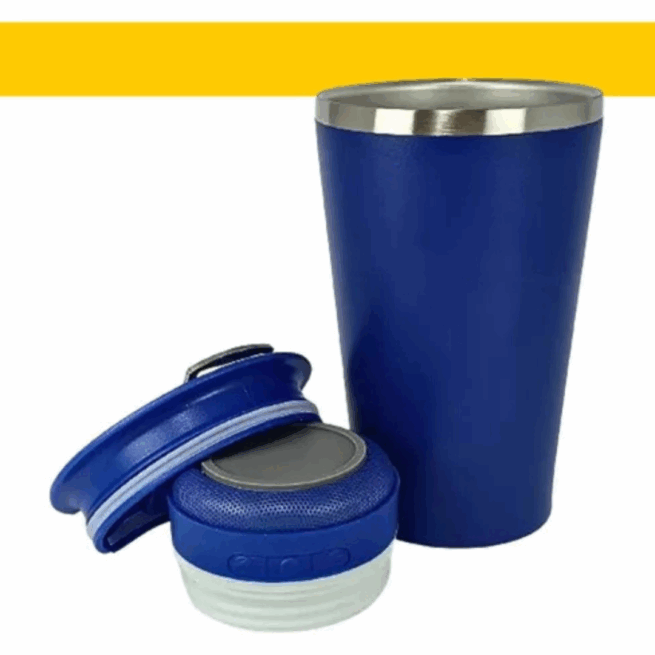 Copo Térmico Bluetooth Personalizado com Som LED, Tampa e Abridor 420 ml – Azul Marinho – Alta Tecnologia