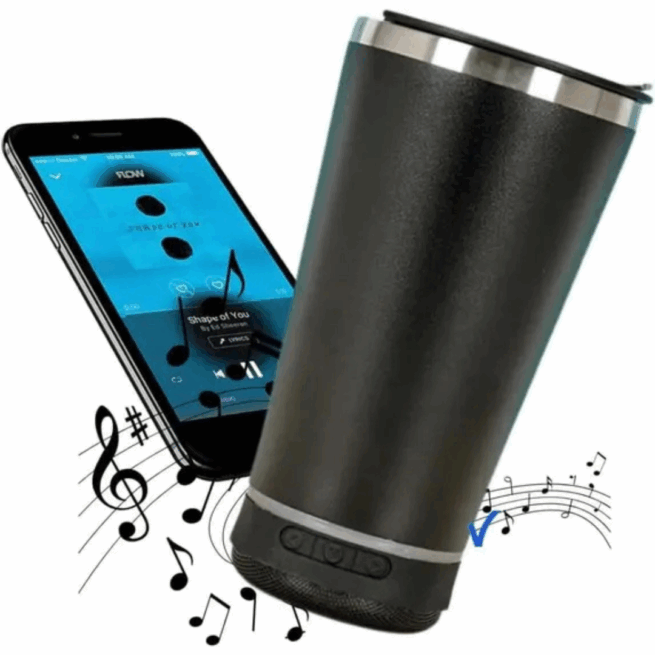 Copo Térmico Bluetooth Personalizado 420 ml com Tampa e Abridor – Preto Moderno