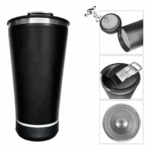 Copo Térmico Bluetooth com Som, LED, Tampa e Abridor 420 ml – Preto – Inovação para seu Dia a Dia