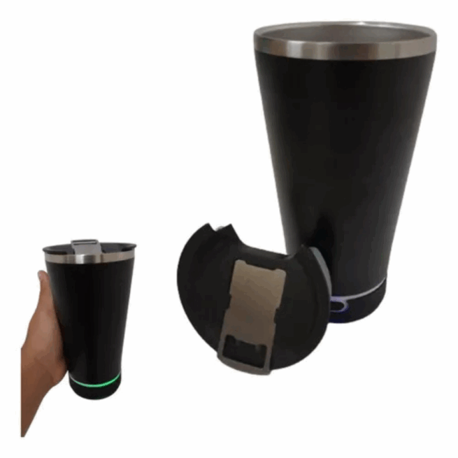 Copo Térmico Bluetooth com Som, LED, Tampa e Abridor 420 ml – Preto – Inovação para seu Dia a Dia