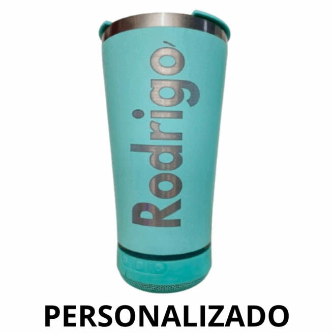 Copo Térmico Bluetooth com Som LED e Tampa com Abridor 420 ml - Verde Turquesa (Personalizado)