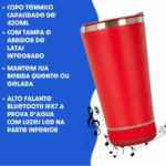Personalizado Bluetooth – Copo Térmico Som LED com Tampa e Abridor 420 ml – Vermelho