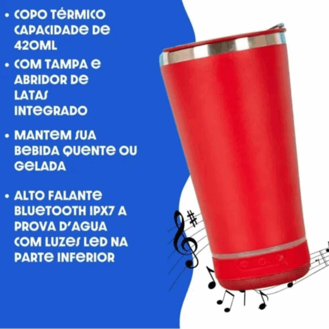 Copo Térmico Bluetooth Som Led com Tampa e Abridor 420 ml - Vermelho (Normal)