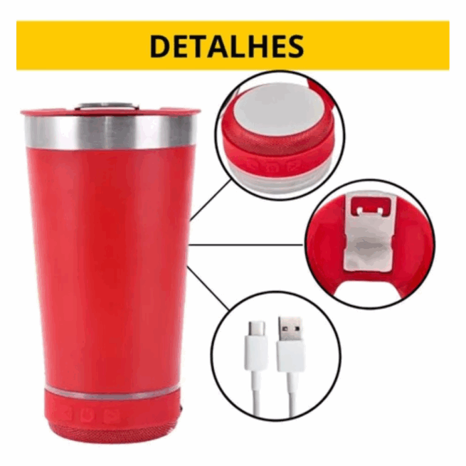 Copo Térmico Bluetooth Som Led com Tampa e Abridor 420 ml - Vermelho (Normal)