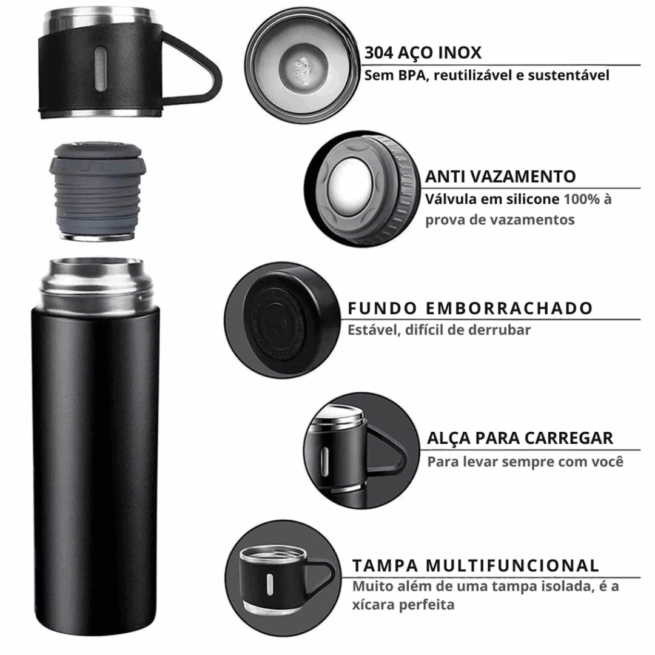 Jogo de Garrafa Térmica 500 ml com 3 Xícaras em Aço Inoxidável – Preto Elegante