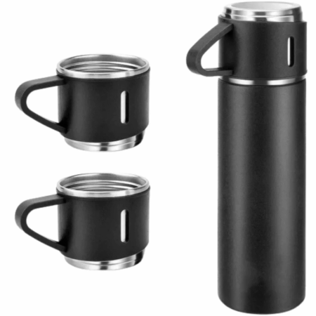 Jogo de Garrafa Térmica 500 ml com 3 Xícaras em Aço Inoxidável – Preto Elegante