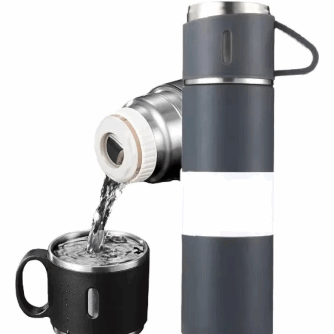 Jogo de Garrafa Térmica 500 ml com 3 Xícaras em Aço Inoxidável – Cinza – Elegância e Durabilidade