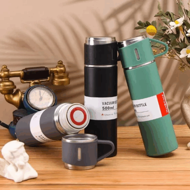 Jogo de Garrafa Térmica 500 ml com 3 Xícaras em Aço Inoxidável – Cinza – Elegância e Durabilidade