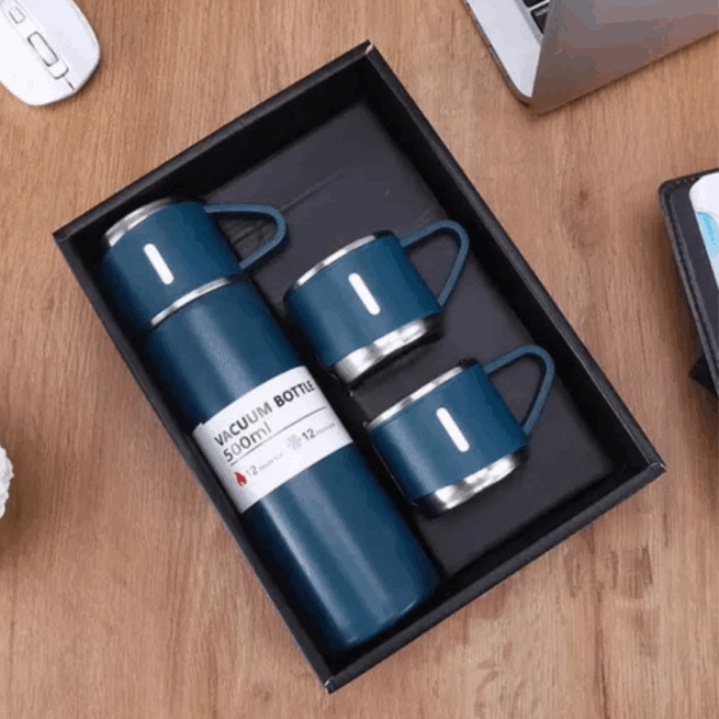Jogo de Garrafa Térmica 500 ml com 3 Xícaras em Aço Inoxidável – Azul Marinho – Sofisticação na Mesa