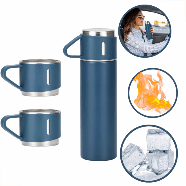 Jogo de Garrafa Térmica 500 ml com 3 Xícaras em Aço Inoxidável – Azul Marinho – Sofisticação na Mesa