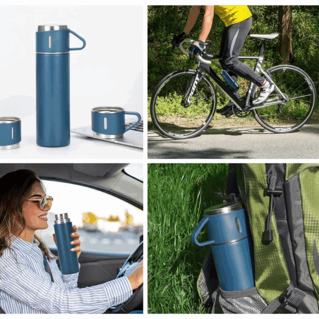 Jogo de Garrafa Térmica 500 ml com 3 Xícaras em Aço Inoxidável – Azul Marinho – Sofisticação na Mesa