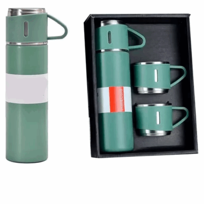 Verde - Jogo de Garrafa Térmica 500 ml com 3 Xícaras em Aço Inoxidável – Durabilidade e Estilo
