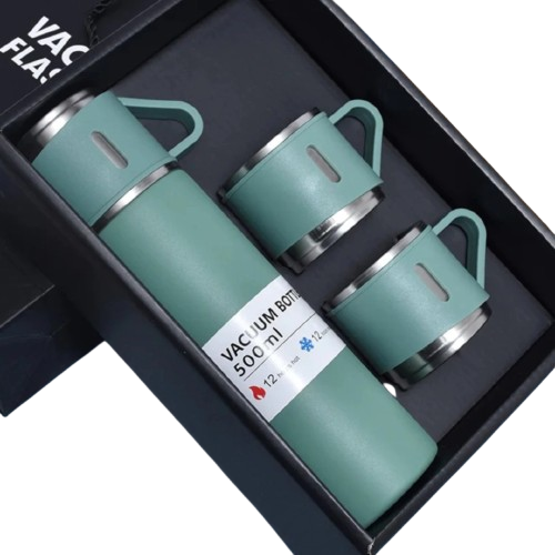 Verde - Jogo de Garrafa Térmica 500 ml com 3 Xícaras em Aço Inoxidável – Durabilidade e Estilo