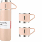 Jogo de Garrafa Térmica 500 ml com 3 Xícaras em Aço Inoxidável – Rosa – Durabilidade e Estilo