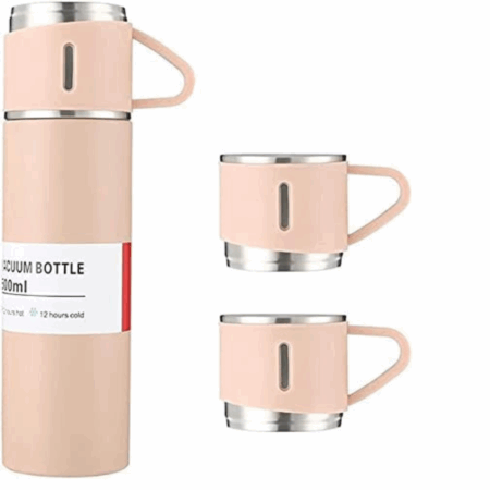 Jogo de Garrafa Térmica 500 ml com 3 Xícaras em Aço Inoxidável – Rosa – Durabilidade e Estilo