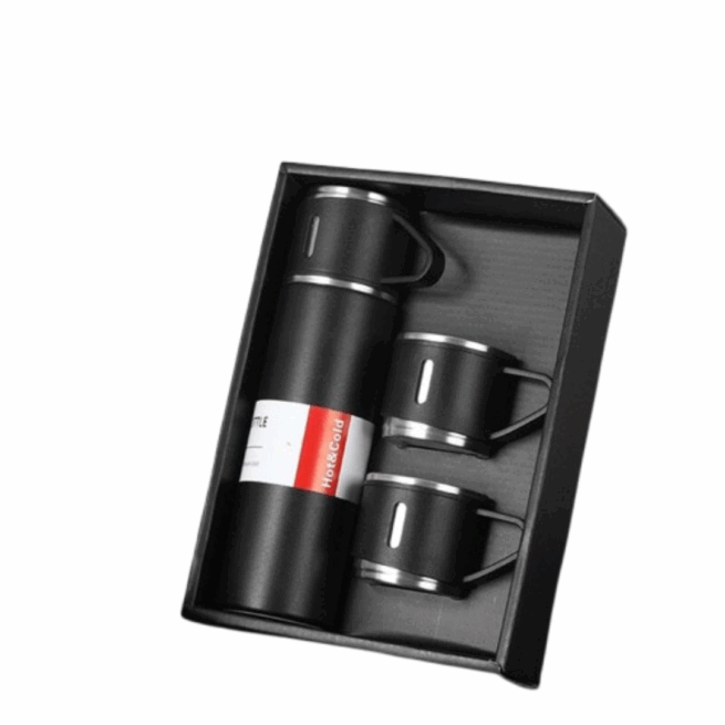 Jogo de Garrafa Térmica 500 ml com 3 Xícaras em Aço Inoxidável – Preto Elegante