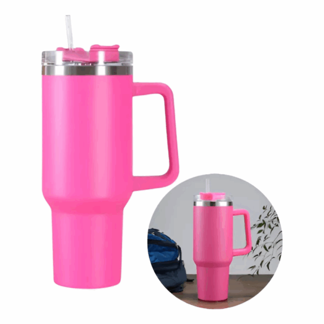 Copo Caneca Térmica Inox com Alça e Canudo 1200ml - Pink (Normal)