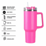 Copo Caneca Térmica Inox com Alça e Canudo 1200ml - Pink (Normal)