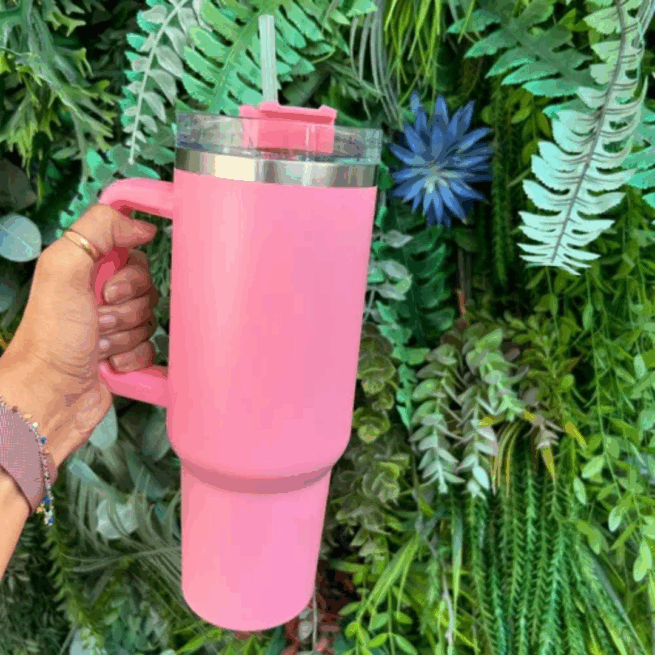 Copo Caneca Térmica Inox com Alça e Canudo 1200 ml - Rosa (Normal)