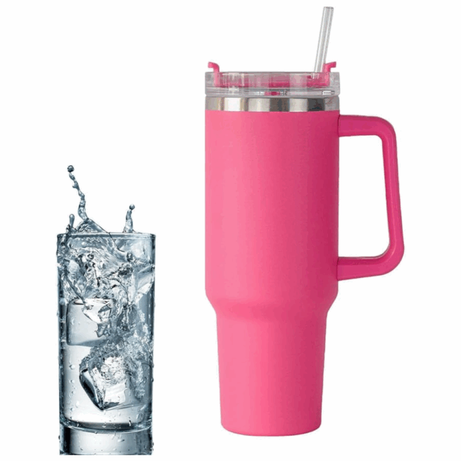 Personalizado - Copo Caneca Térmica Inox 1200 ml com Alça e Canudo – Rosa – Elegância e Funcionalidade