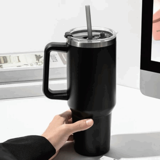 Copo Caneca Térmica Inox 1200 ml com Alça e Canudo – Preto Personalizado – Conservação Térmica