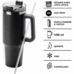 Copo Caneca Térmica Inox 1200 ml com Alça e Canudo – Preto Personalizado – Conservação Térmica
