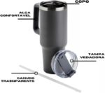 Copo Caneca Térmica Inox com Alça e Canudo 1200ml - Preto (Normal)