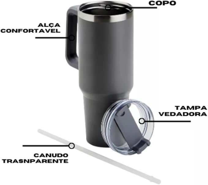 Copo Caneca Térmica Inox com Alça e Canudo 1200ml - Preto (Normal)