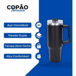 Copo Caneca Térmica Inox com Alça e Canudo 1200ml - Preto (Normal)