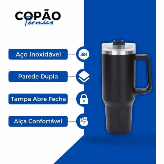 Copo Caneca Térmica Inox com Alça e Canudo 1200ml - Preto (Normal)
