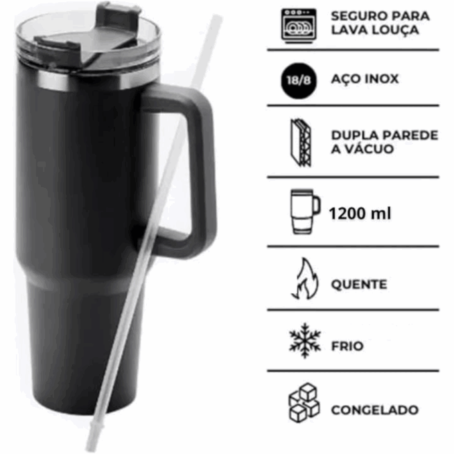 Copo Caneca Térmica Inox com Alça e Canudo 1200ml - Preto (Normal)