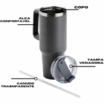 Copo Caneca Térmica Inox com Alça e Canudo 1200ml - Preto (Normal)