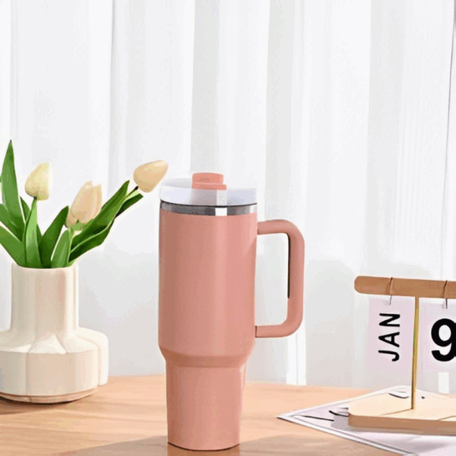 Copo Caneca Térmica Inox com Alça e Canudo 1200 ml - Rosê (Normal)