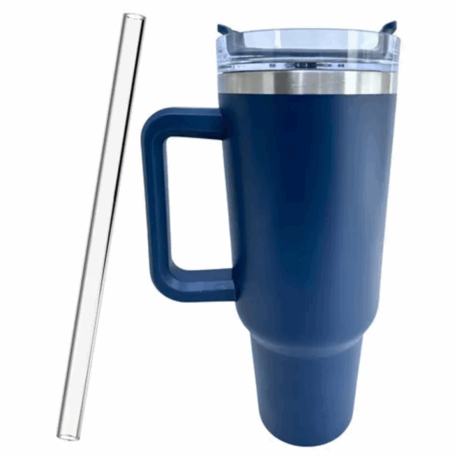 Copo Caneca Térmica Inox com Alça e Canudo 1200 ml - Azul Marinho (Normal)