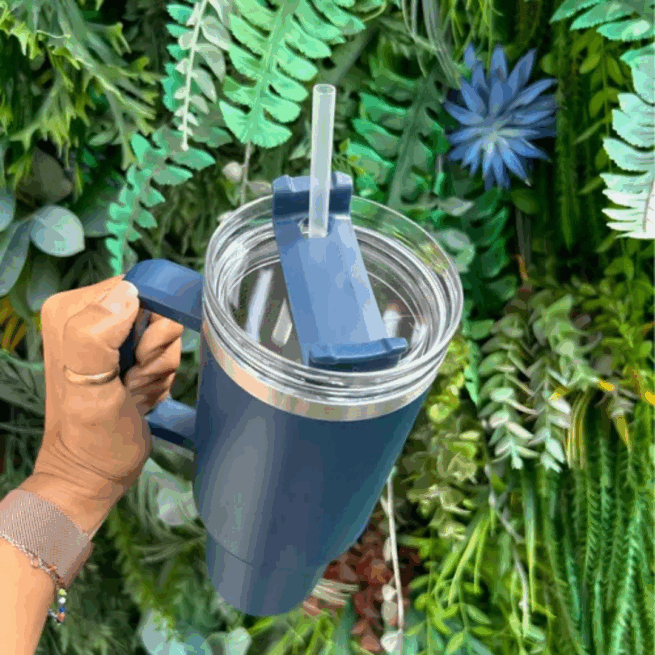 Copo Caneca Térmica Inox com Alça e Canudo 1200 ml - Azul Marinho (Normal)