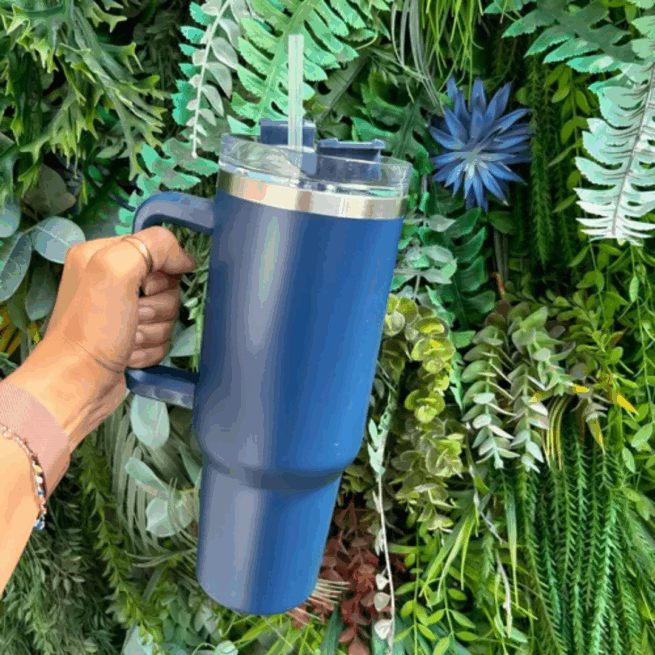 Copo Caneca Térmica Inox com Alça e Canudo 1200 ml - Azul Marinho (Normal)